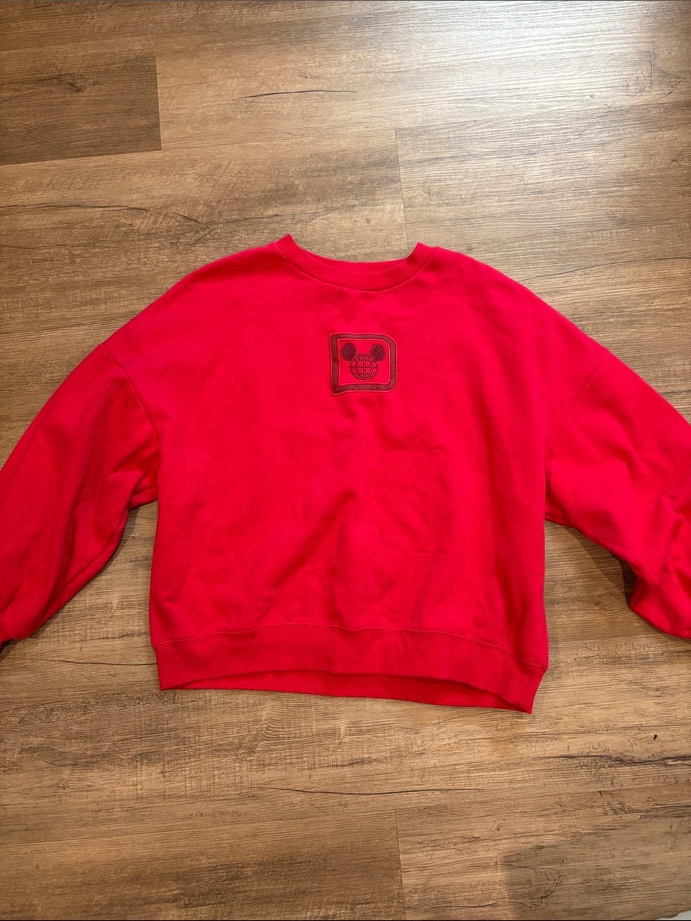 Disney Red Crewneck Sweatshirt with Subtle Embroidered Mickey Patch with Castle